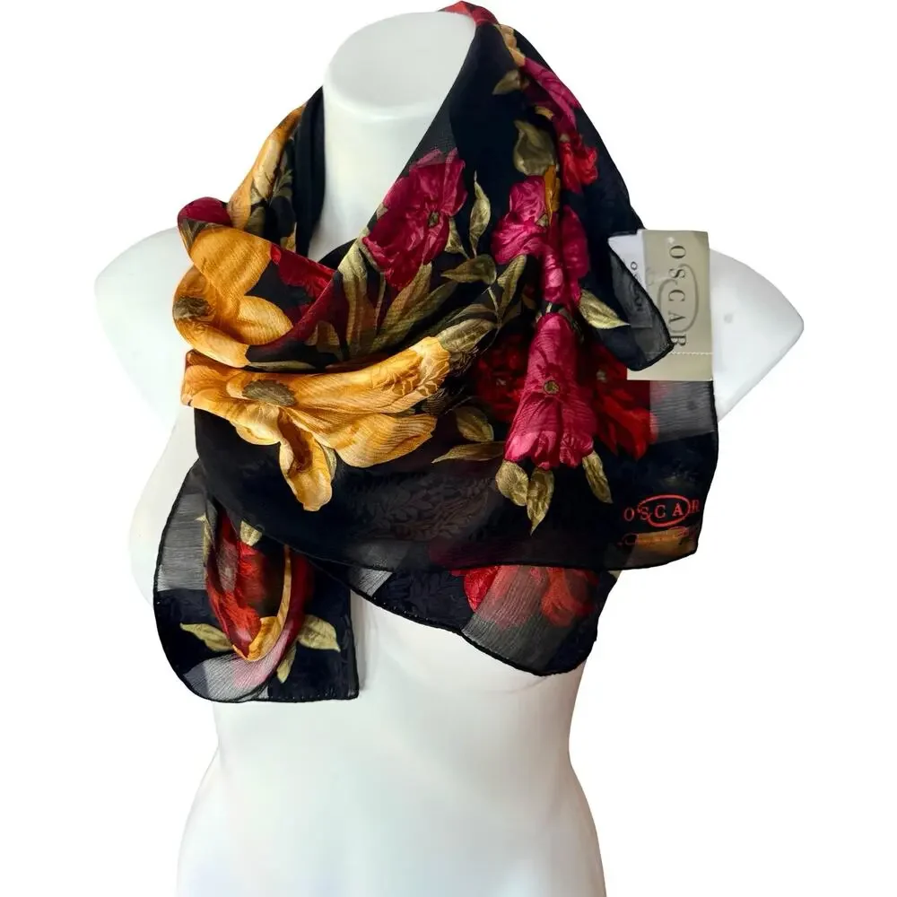 Vintage Oscar de la Renta Silk Scarf Black Jewel Tone Floral 1990s NWT